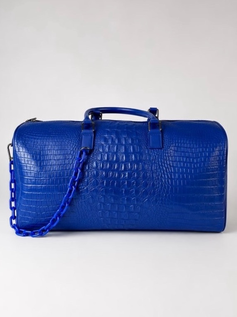 Blue Croc-Embossed Leather Weekender Duffel Bag